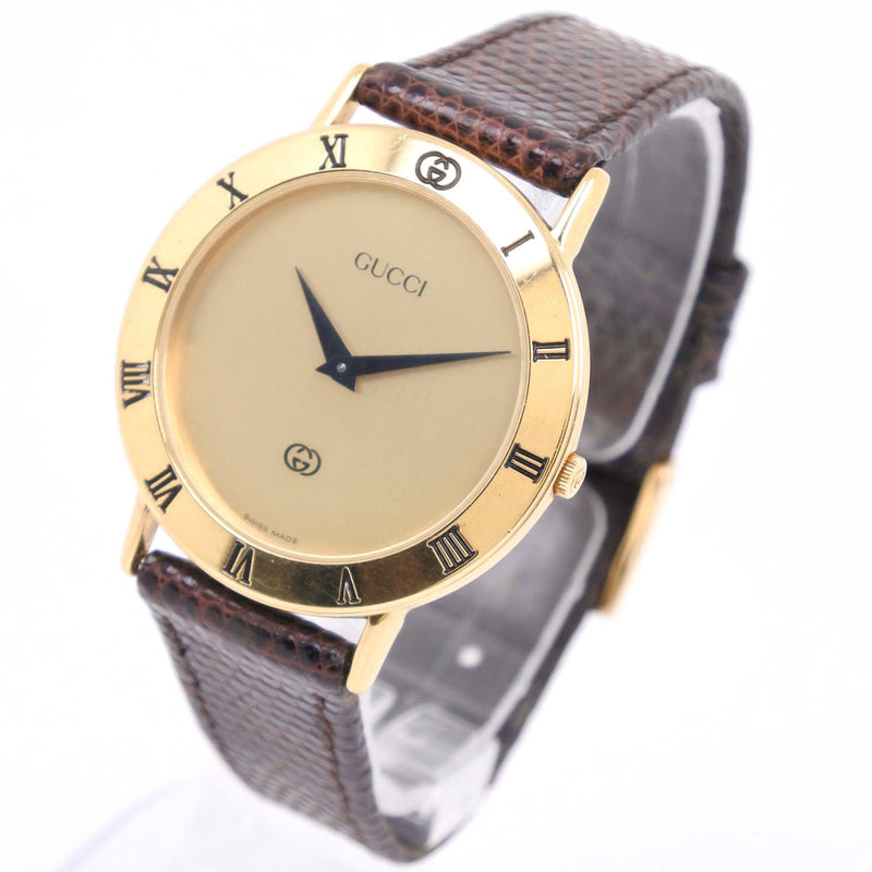【GUCCI】グッチ
 3000M 腕時計
 金メッキ×レザー クオーツ アナログ表示 レディース ゴールド文字盤 腕時計