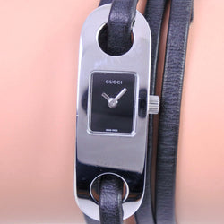 [Gucci] Gucci 6100L Watch Acero inoxidable x cuero plateado/cuarzo negro analógico damas dial negro
