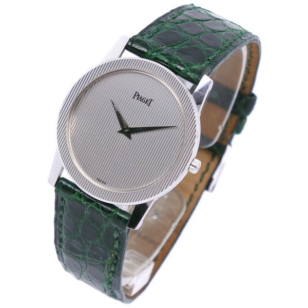 【PIAGET】ピアジェ
 K18ホワイトゴールド×レザー 緑 クオーツ メンズ シルバー文字盤 腕時計