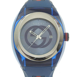 [GUCCI] Gucci YA137.1 Stainless steel x rubber blue/red quartz analog display ladies blue dial A rank