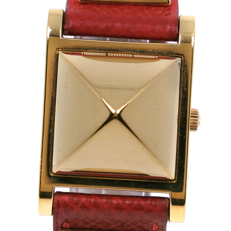 [Hermes] Hermes Medor Gold Plating x Red de cuero 〇X Pantalla analógica de cuarzo grabado Damas Dial White Dial Watch