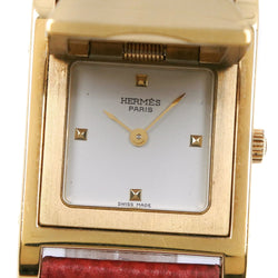 【HERMES】エルメス
 メドール 金メッキ×レザー 赤 〇X刻印 クオーツ アナログ表示 レディース 白文字盤 腕時計