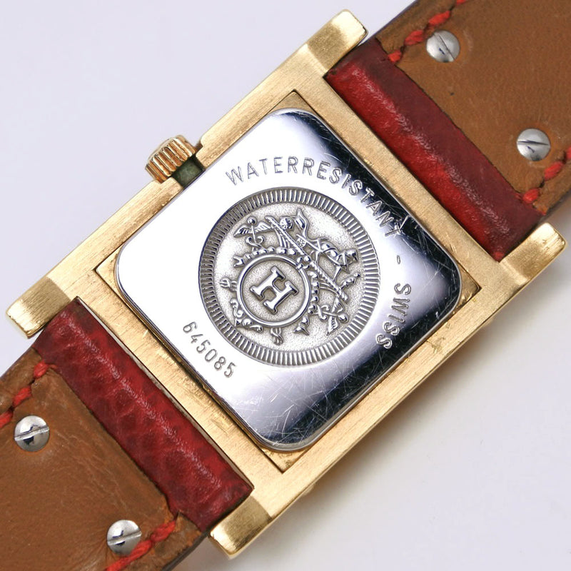 【HERMES】エルメス
 メドール 金メッキ×レザー 赤 〇X刻印 クオーツ アナログ表示 レディース 白文字盤 腕時計
