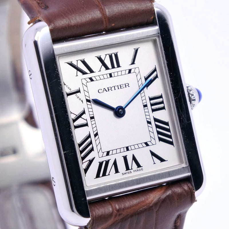 [Cartier] Cartier Tank Solo SM W1018255 Watch Stainless Steel x Leather Quartz Analog Display Ladies Silver Dial Watch A-Rank