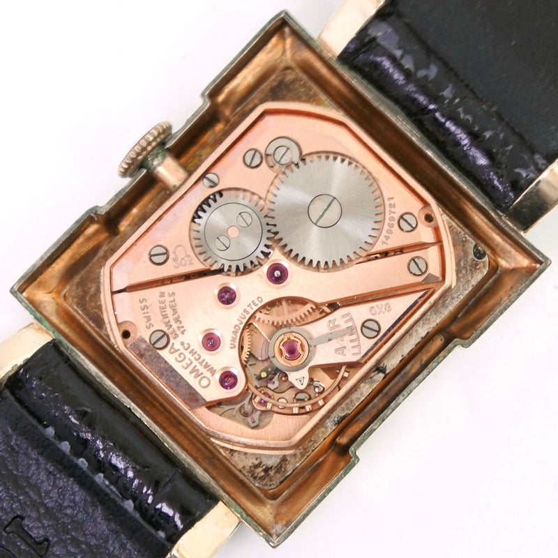 【OMEGA】オメガ
 1950s アンティーク cal.302 腕時計
 金張り×レザー×K14GF 手巻き アナログ表示 ボーイズ 黒文字盤 腕時計