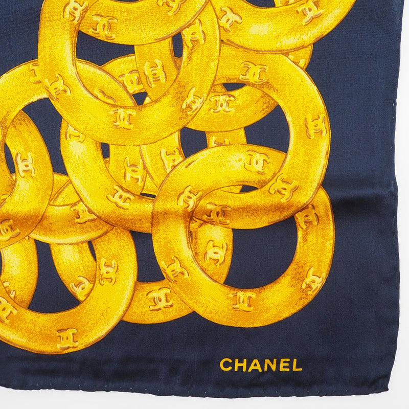 CHANEL】シャネル チェーンプリント ココマーク シルク 紺 レディース