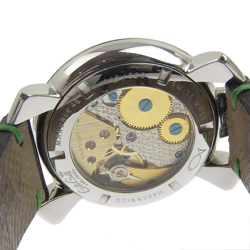 [가가 밀라노] 가가 밀라노 제조 서브 에스 5010 스테인레스 스틸 x 가죽 흑인 남자 녹색 다이얼 시계