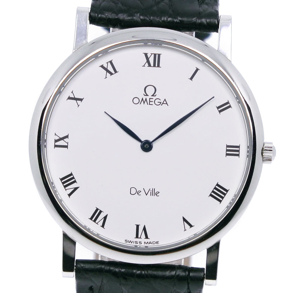 【OMEGA】オメガ, デビル/デヴィル 7600.23.01 ステンレススチール×レザー 黒 クオーツ アナログ表示 メンズ 白文字盤 腕時計,  A-ランク