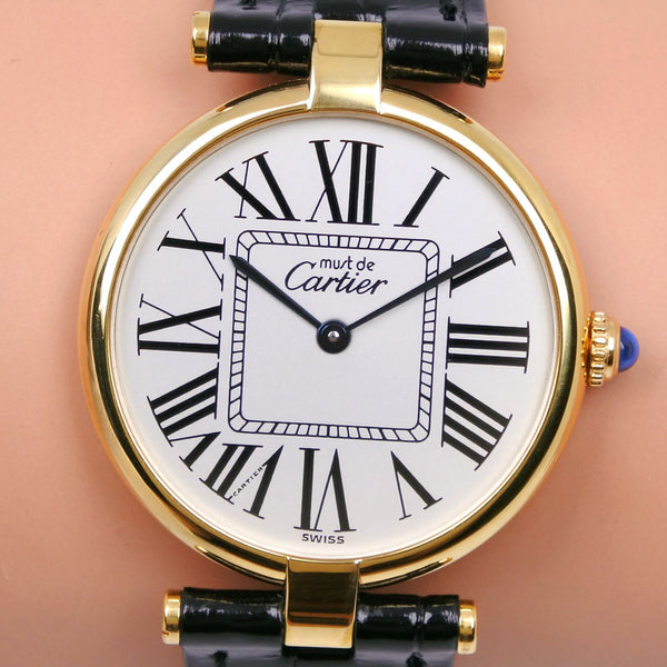 【CARTIER】カルティエ
 マストヴァンドーム ヴェルメイユ シルバー925×レザー ゴールド クオーツ アナログ表示 ボーイズ シルバー文字盤 腕時計
A-ランク