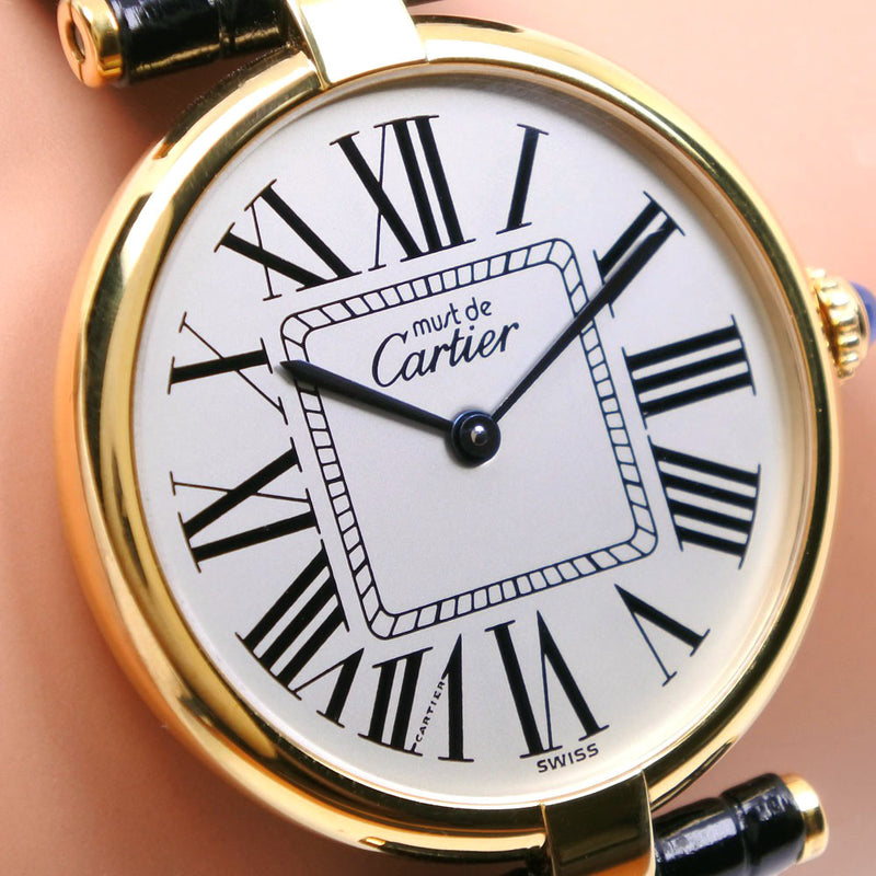 [Cartier]卡地亚果酱圆顶vermille银925×皮革石英模拟显示男孩银牌表a级