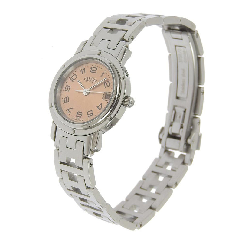【HERMES】エルメス
 クリッパー CL4.210 ステンレススチール クオーツ アナログ表示 レディース ピンク文字盤 腕時計