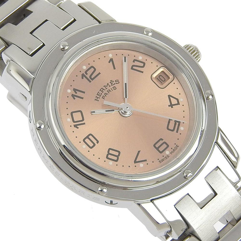 【HERMES】エルメス
 クリッパー CL4.210 ステンレススチール クオーツ アナログ表示 レディース ピンク文字盤 腕時計
