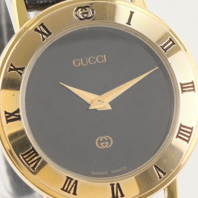 [GUCCI] Gucci 3000L Watch Stainless Steel x Leather Gold Quartz Analog Ladies Black Dial Watch