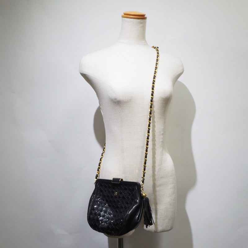 [Bally] Bally Chain Handsel Fringe Leather Black Ladies Bolso de hombro A-Rank
