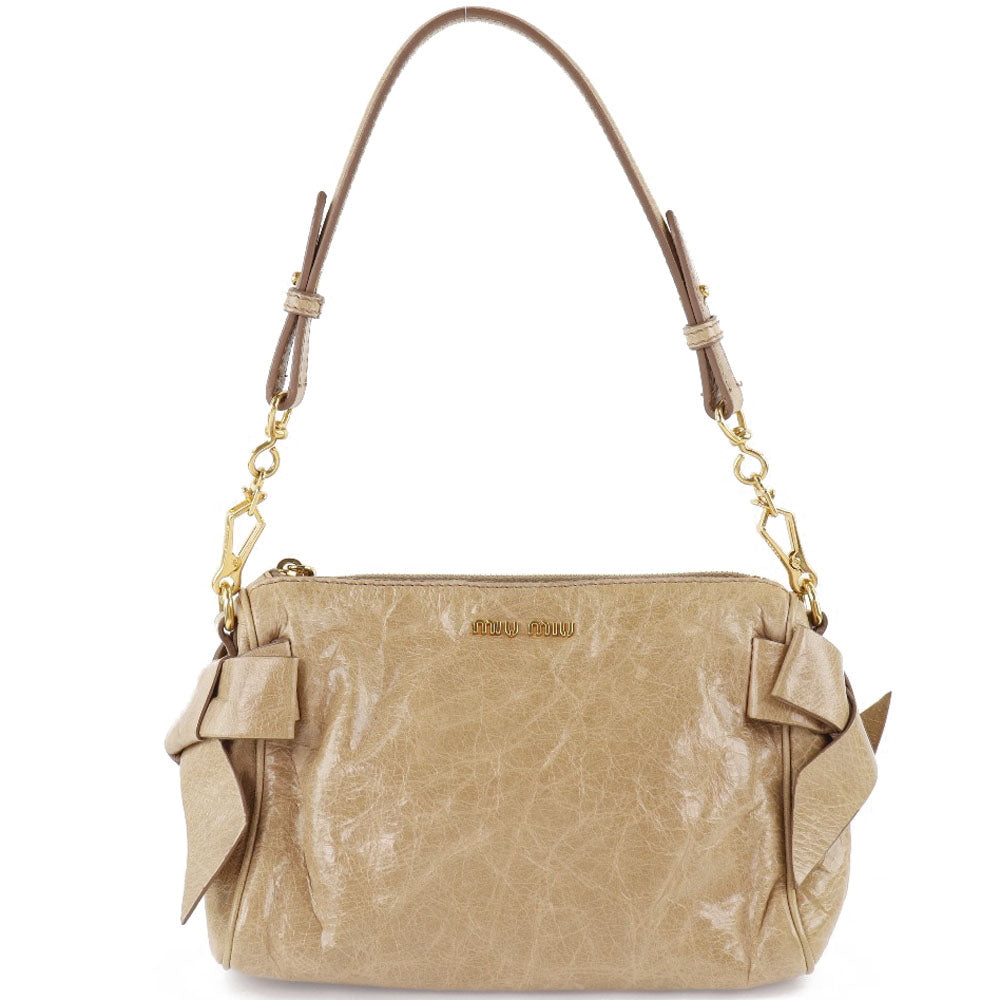 [MIUMIU] Miu Miu, One -shoulder accessories pouch side ribbon 5N1557  leather camo beige ladies shoulder bag