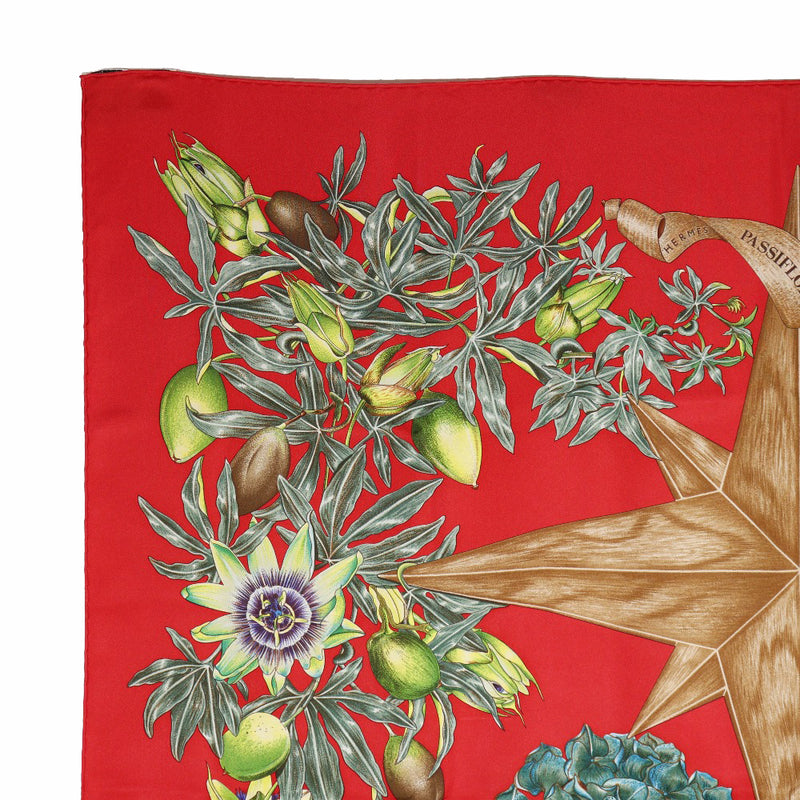[HERMES] Hermes Care 90 Passiflores Passion Flower Silk Red Ladies Scarf A-Rank