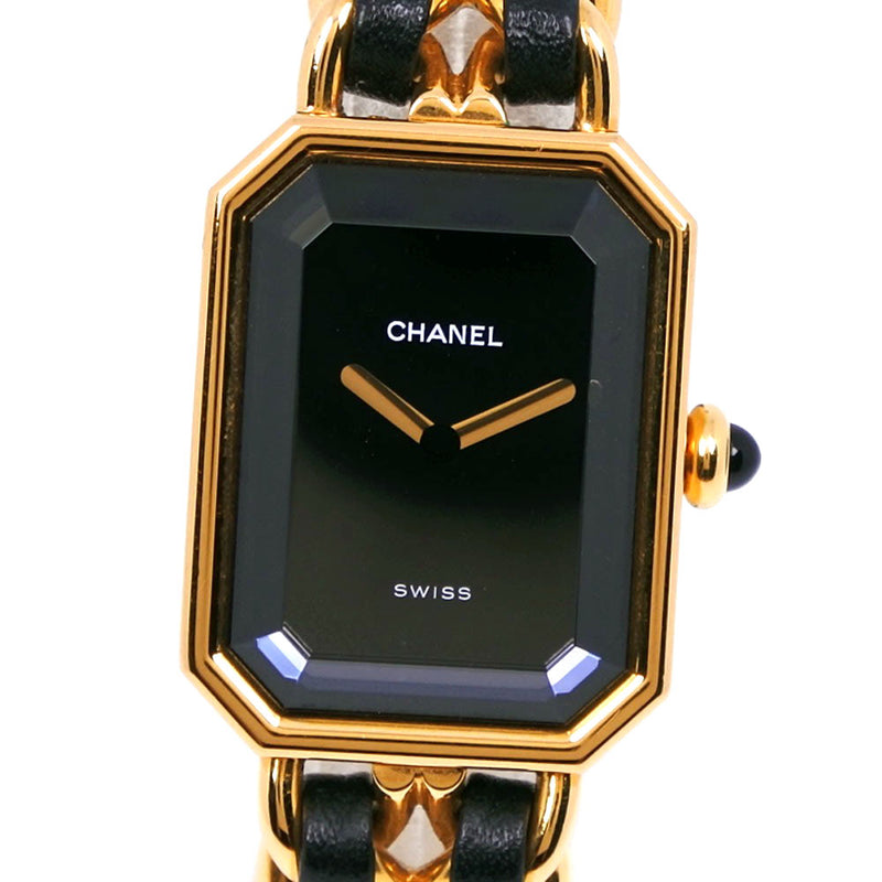 【CHANEL】シャネル プルミエールM H0001 金メッキ×レザー 黒 クオーツ レディース 黒文字盤 腕時計