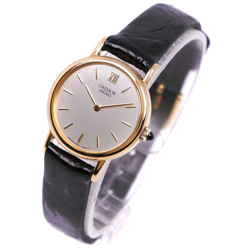 [Seiko] Seiko Credor 2340-0030 K18 Oro amarillo X Cuero Cuarzo Analógico Damas Silver Dial Watch