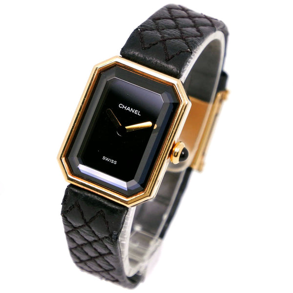 [Chanel] Chanel Premiere H0090 K18 Yellow Gold X Leather Gold Quartz Digital Dames Black Cador