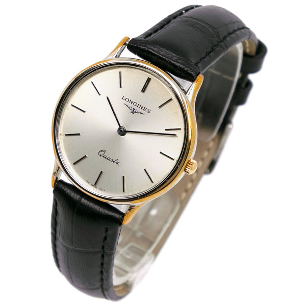 [朗廷斯]纵向不锈钢X皮革金色/银石英模拟显示男士银牌手表