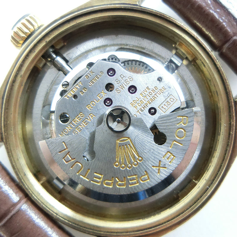【ROLEX】ロレックス
 オイスターパーペチュアル 腕時計
 cal.1130 6551 K14イエローゴールド×レザー 茶 自動巻き シルバー文字盤 Oyster perpetual ボーイズ