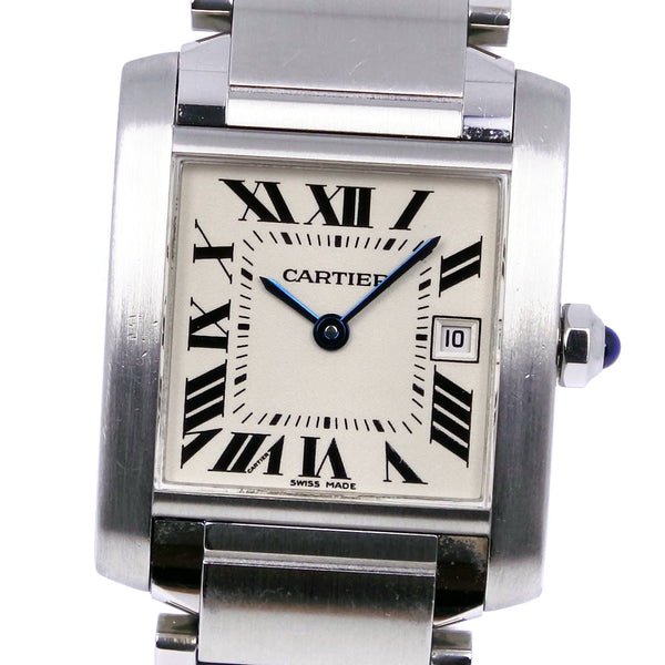 【CARTIER】カルティエ
 タンクフランセーズMM W51003Q3 ステンレススチール シルバー クオーツ アナログ表示 ボーイズ アイボリー文字盤 腕時計
