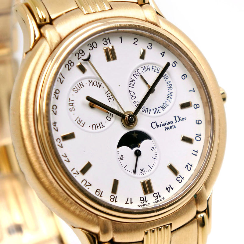 [DIOR] Christian Dior Moon Phase 61.271 골드 도금 금 쿼츠 다중 핸드 아날로그 L 디스플레이 남성용 흰색 다이얼 손목 시계