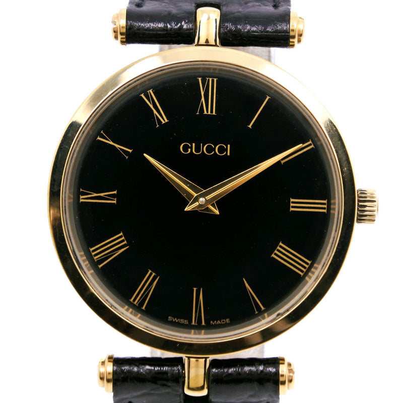 [Gucci] Gucci Round Gold Plating x Cuero Gold Quartz Display Boys Black Dial Watch A-Rank