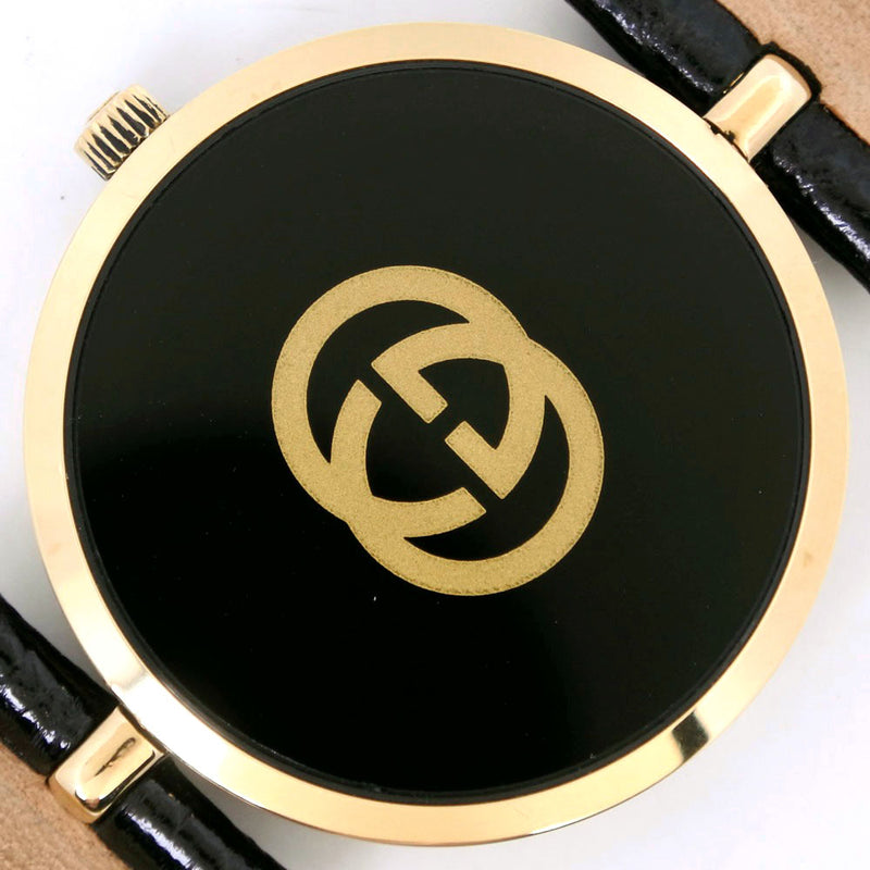 [GUCCI] Gucci round gold plating x leather gold quartz analog display Boys black dial Watch A-Rank