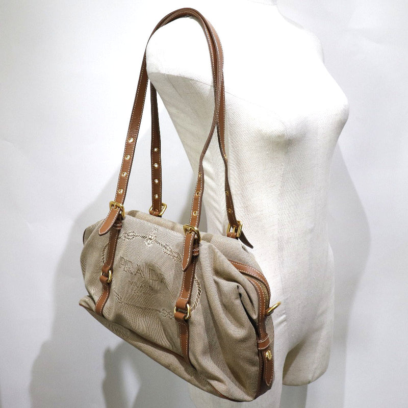 [PRADA] Prada Logo Jacquard BL0600 Nylon Canvas x Leather Beige Ladies Shoulder Bag A-Rank