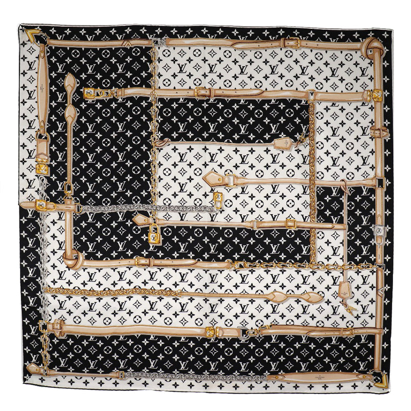[Louis Vuitton] Louis Vuitton护理/会标机密M78667丝绸黑色/白色IS0137邮票中性围巾A级