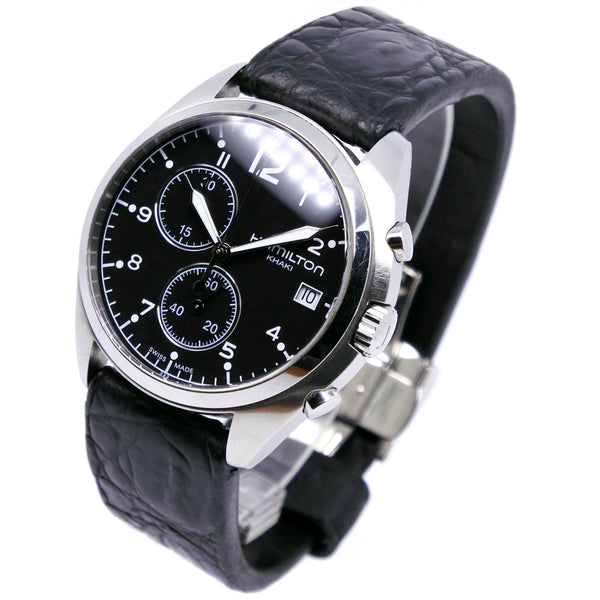 【HAMILTON】ハミルトン
 カーキ パイロット  H765120 ステンレススチール×レザー 黒 クオーツ クロノグラフ メンズ 黒文字盤 腕時計
A-ランク