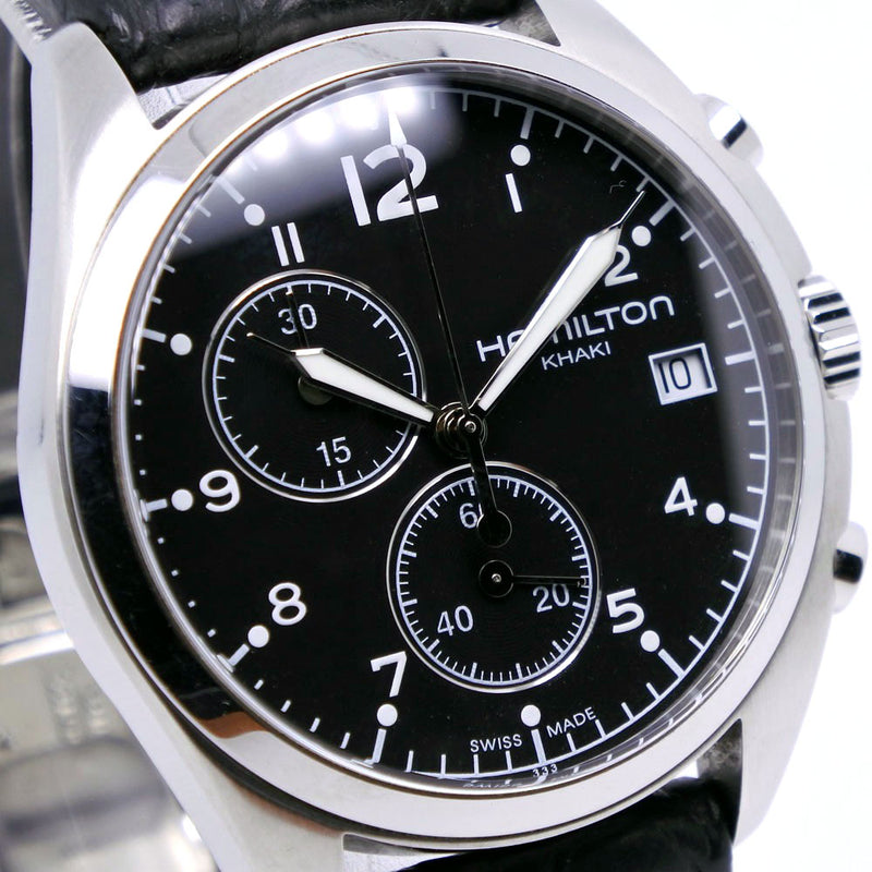 [HAMILTON] Hamilton Khaki Pilot H765120 Stainless steel x Leather Black Quartz Chronograph Men's Black Dial Watch A-Rank
