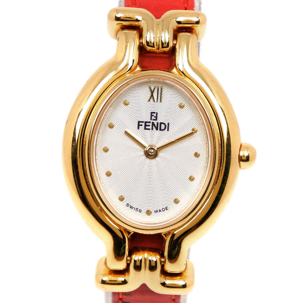 【FENDI】フェンディ
 チェンジベルト 腕時計
 640L 金メッキ×レザー 赤 クオーツ アナログ表示 白文字盤 Change belt レディース