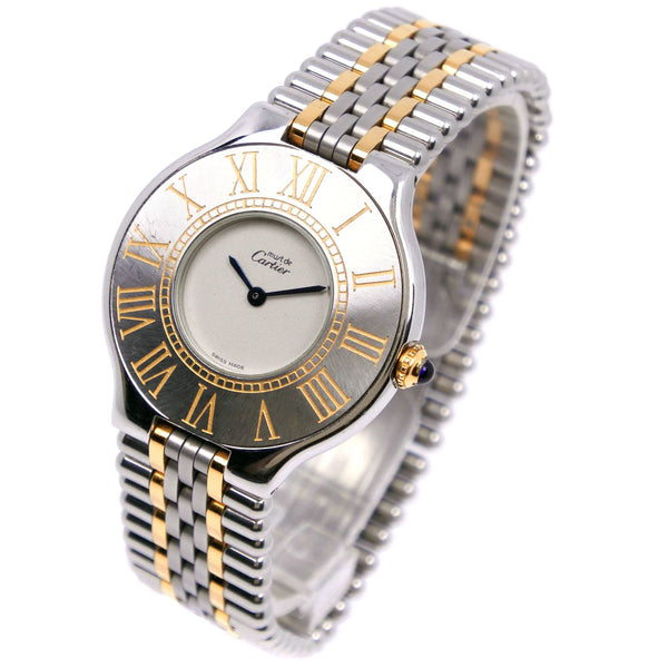 【CARTIER】カルティエ
 マスト21 腕時計
 ステンレススチール×金メッキ シルバー クオーツ アナログ表示 白文字盤 Must21 ボーイズ