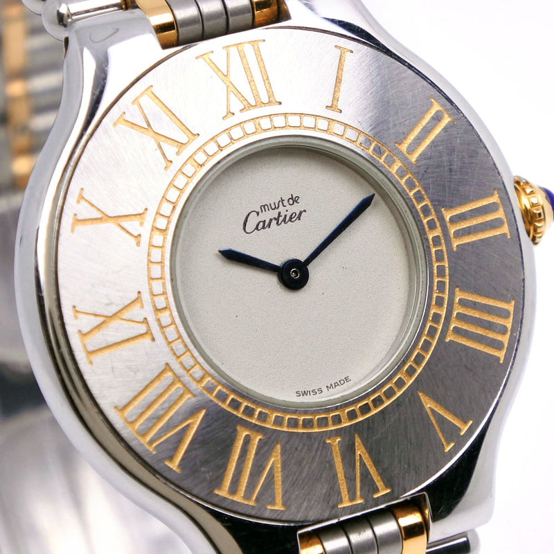 [Cartier] Cartier debe 21st acero inoxidable x revestimiento de oro de cuarzo de plata analógico l exhibición de niños