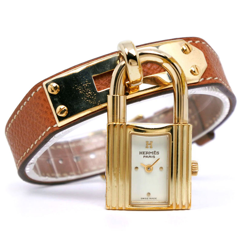 [HERMES] Hermes Kelly Watch gold plating x leather tea □ L engraved quartz analog display ladies white dial watch
