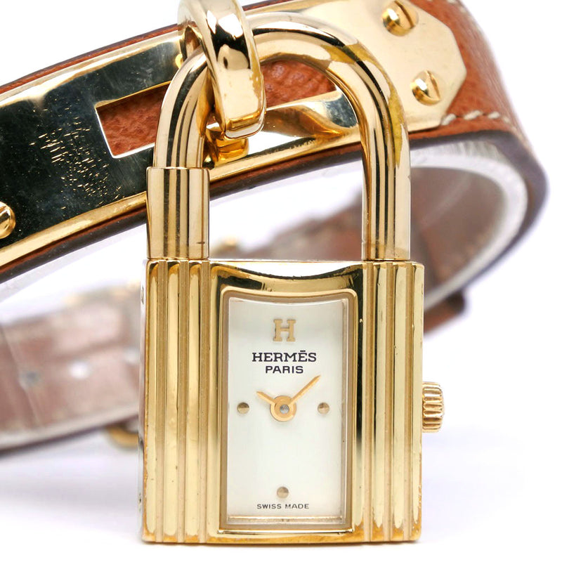 [HERMES] Hermes Kelly Watch gold plating x leather tea □ L engraved quartz analog display ladies white dial watch