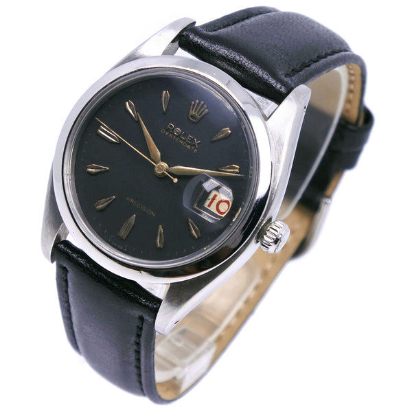 【ROLEX】ロレックス
 オイスターデイト 腕時計
 アンティーク 1970年代 6494 ステンレススチール×レザー 黒 手巻き 黒文字盤 Oyster date メンズB-ランク
