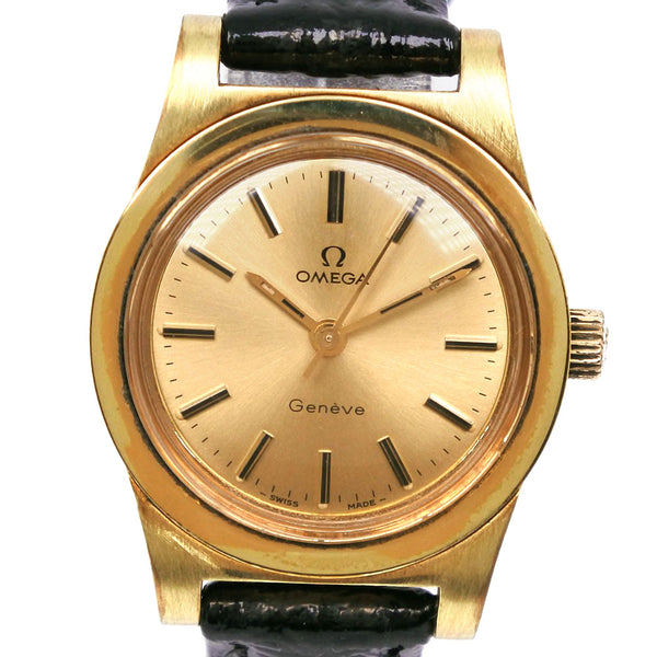 【OMEGA】オメガ
 ジュネーブ 腕時計
 cal.635 金メッキ×レザー 黒 手巻き ゴールド文字盤 Geneva レディース