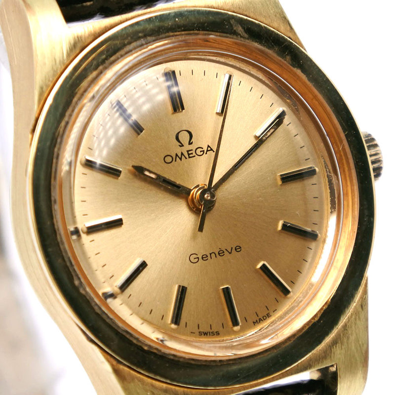 【OMEGA】オメガ
 ジュネーブ 腕時計
 cal.635 金メッキ×レザー 黒 手巻き ゴールド文字盤 Geneva レディース
