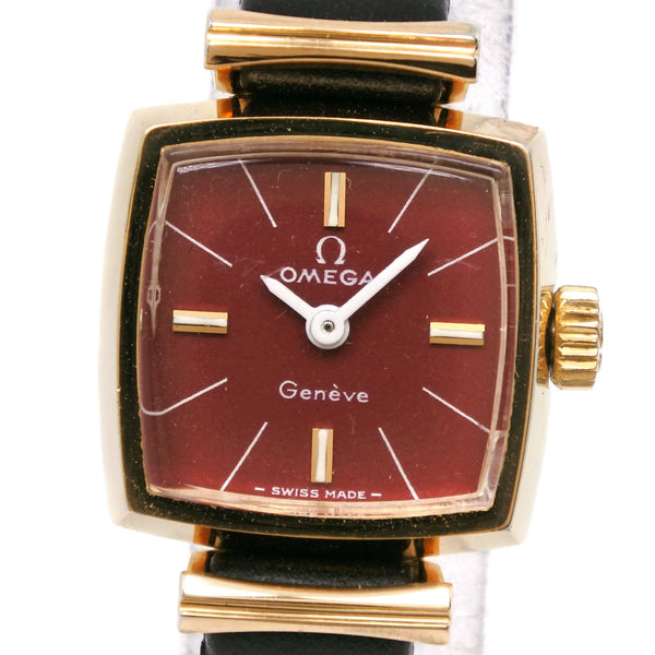 【OMEGA】オメガ
 ジュネーヴ 腕時計
 cal.485 金メッキ×レザー 黒 手巻き 赤文字盤 Geneva レディース