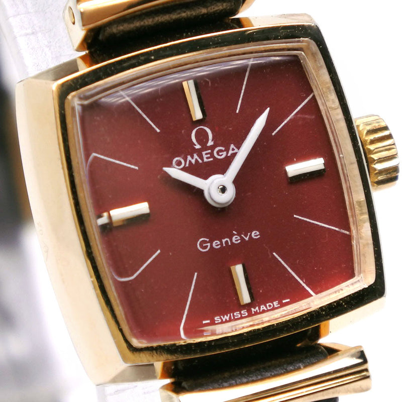 【OMEGA】オメガ
 ジュネーヴ 腕時計
 cal.485 金メッキ×レザー 黒 手巻き 赤文字盤 Geneva レディース