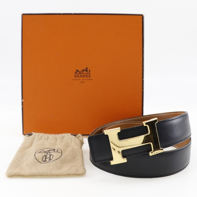 [HERMES] Hermes H Belt Constance Reversible Box Curf x Gold Plating Black/Tea X -engraved Unisex Belt