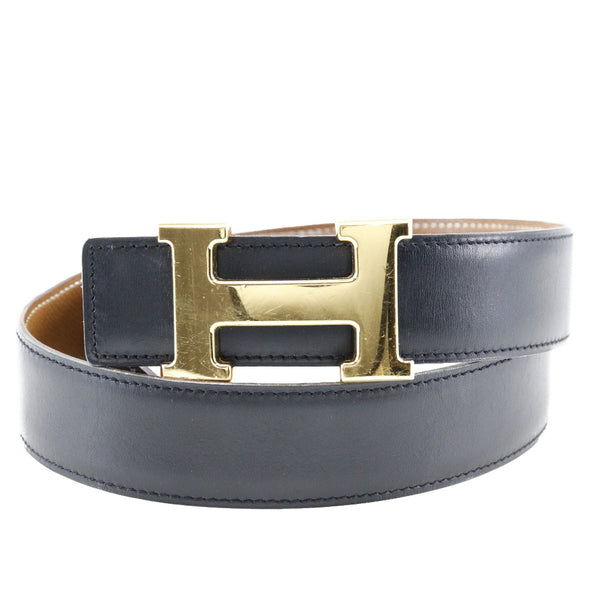 [HERMES] Hermes H Belt Constance Reversible Box Curf x Gold Plating Black/Tea X -engraved Unisex Belt