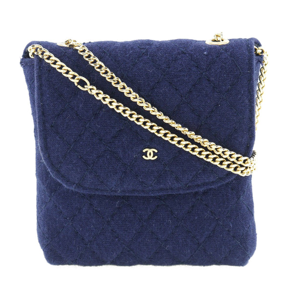 [CHANEL] Chanel Chain Pochette Coco Mark Matrasse Micro Shoulder Cotton Navy Blue Ladies Pouch