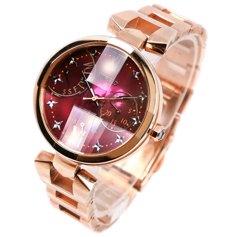 [Seiko]精工有线手表迷人的休闲收藏5y66-0am0不锈钢钢粉红色金石英多尔在红色表盘有线女士