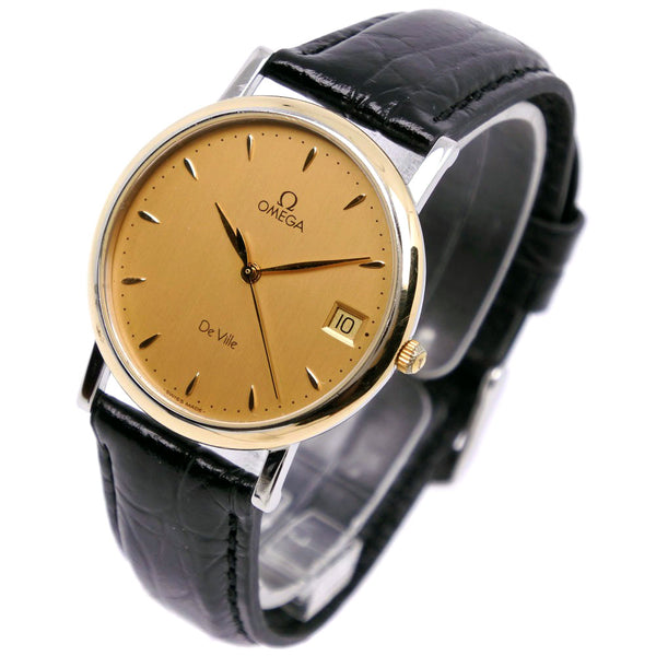 【OMEGA】オメガ
 デヴィル/デビル ステンレススチール×レザー 黒 クオーツ アナログ表示 メンズ ゴールド文字盤 腕時計