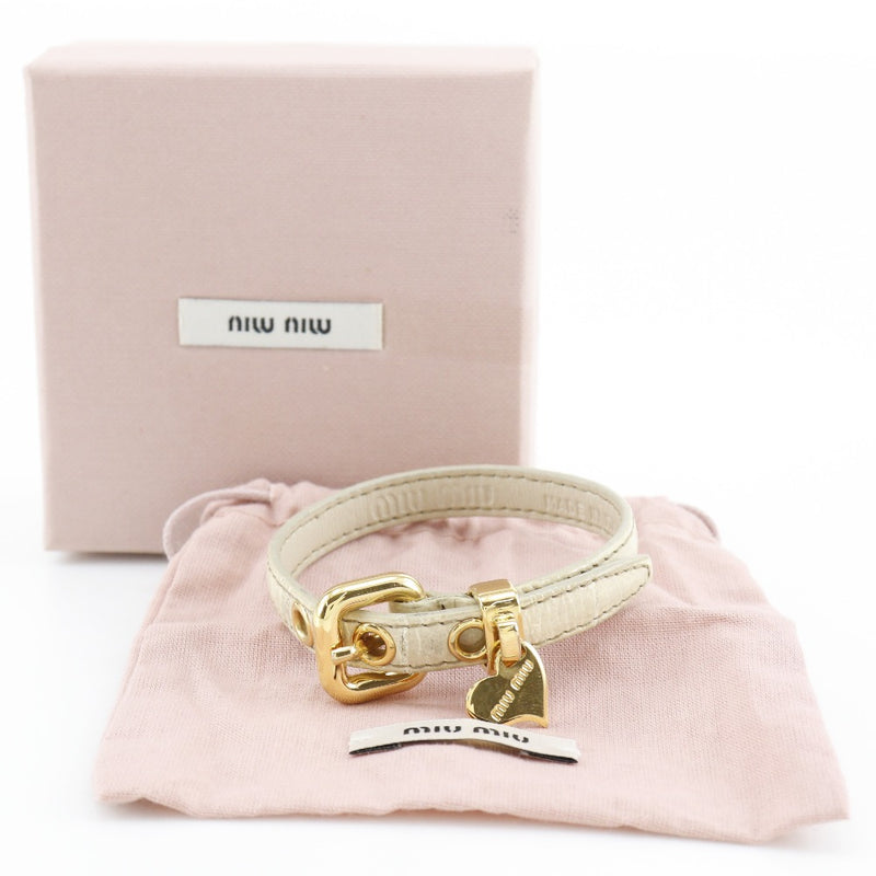 [MIUMIU] Miu Miu Heart Charm Leather x Gold Plated Beige Ladies Bracelet
