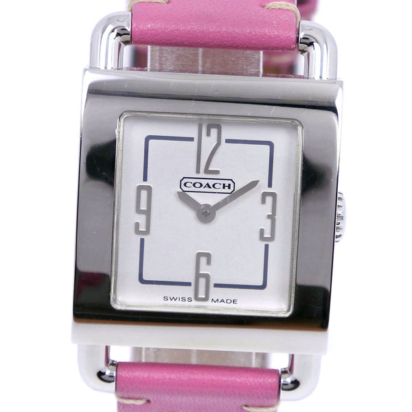 [教练]教练手表0221不锈钢X皮革粉红色石英模拟显示银色表盘女士